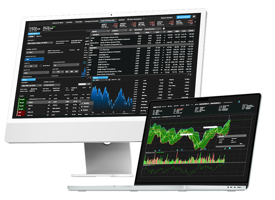 A laptop and computer monitor showing market stats and live charts