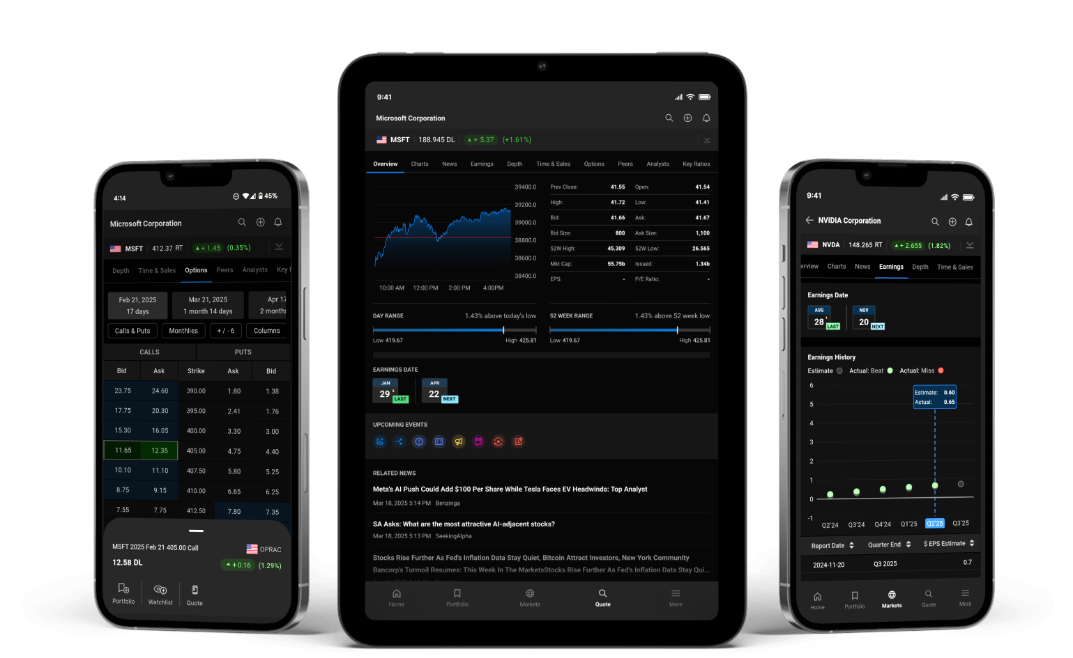 Three mobile devices showcasing different TMX PowerStream app capabilities